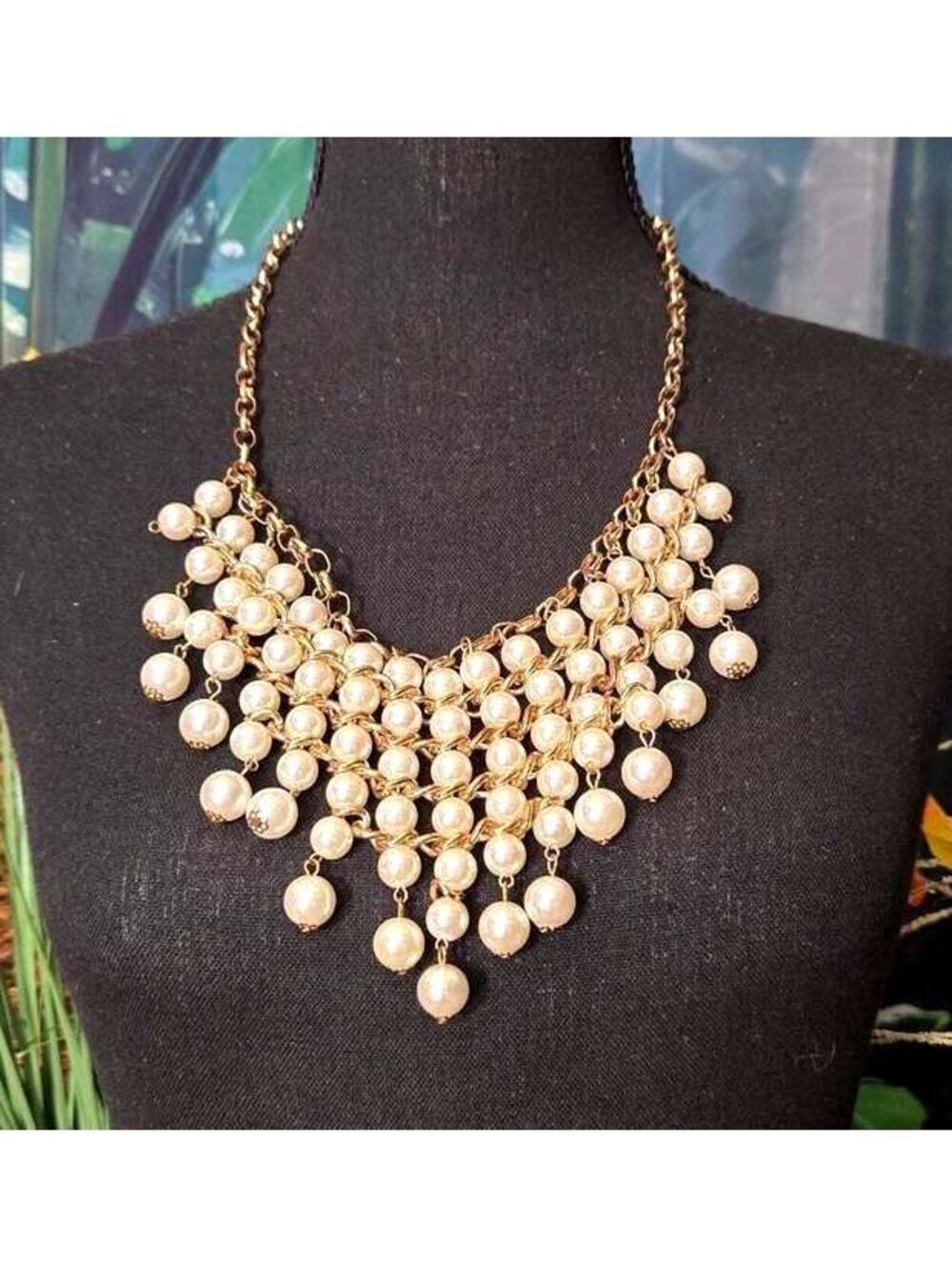 Multi-Strand Faux Pearl Statement Bib Necklace with Gold Tone Chain